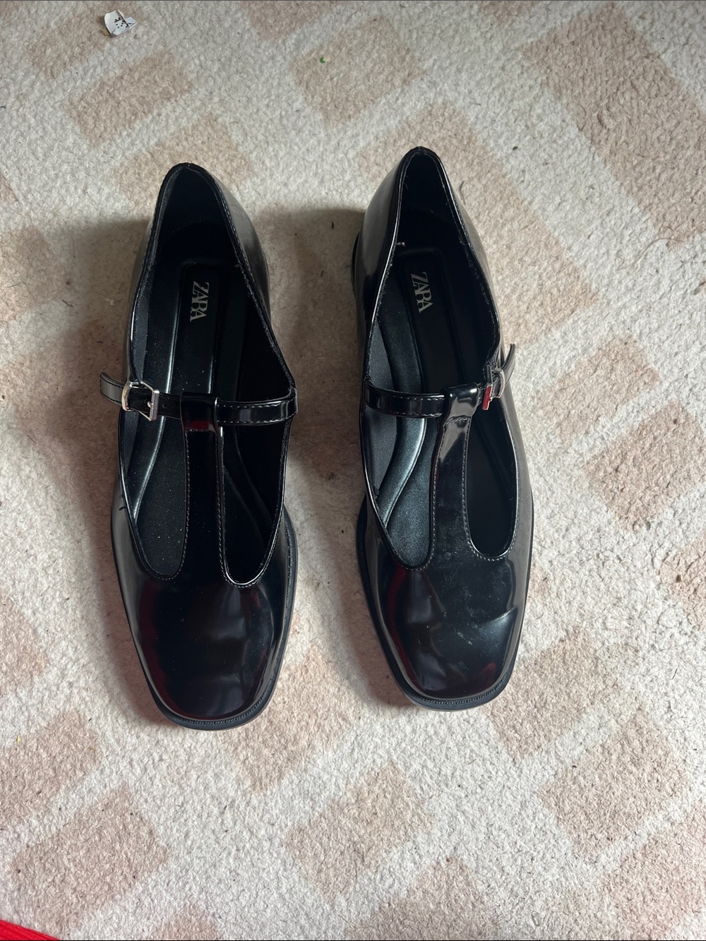 Zara Black Patent T-Strap Flats